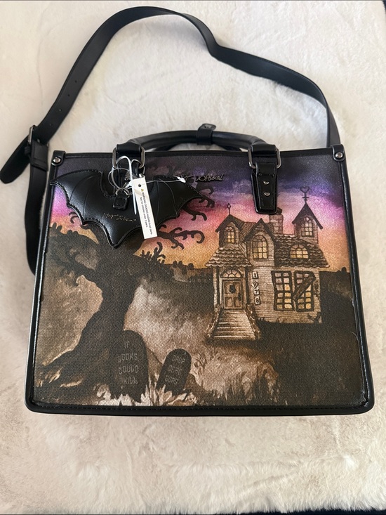 Betsey Johnson Handbags - NWT Betsey Johnson Haunted
House Tote Bag Halloween Satchel
Purse with Bat Charm